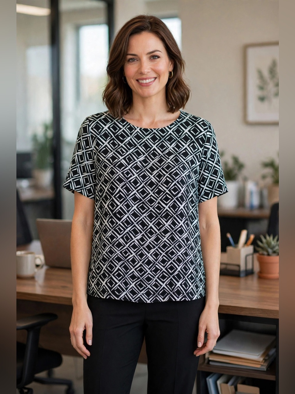 Kathie Lee Collection Black and White Geometric Short Sleeve Top Size 6